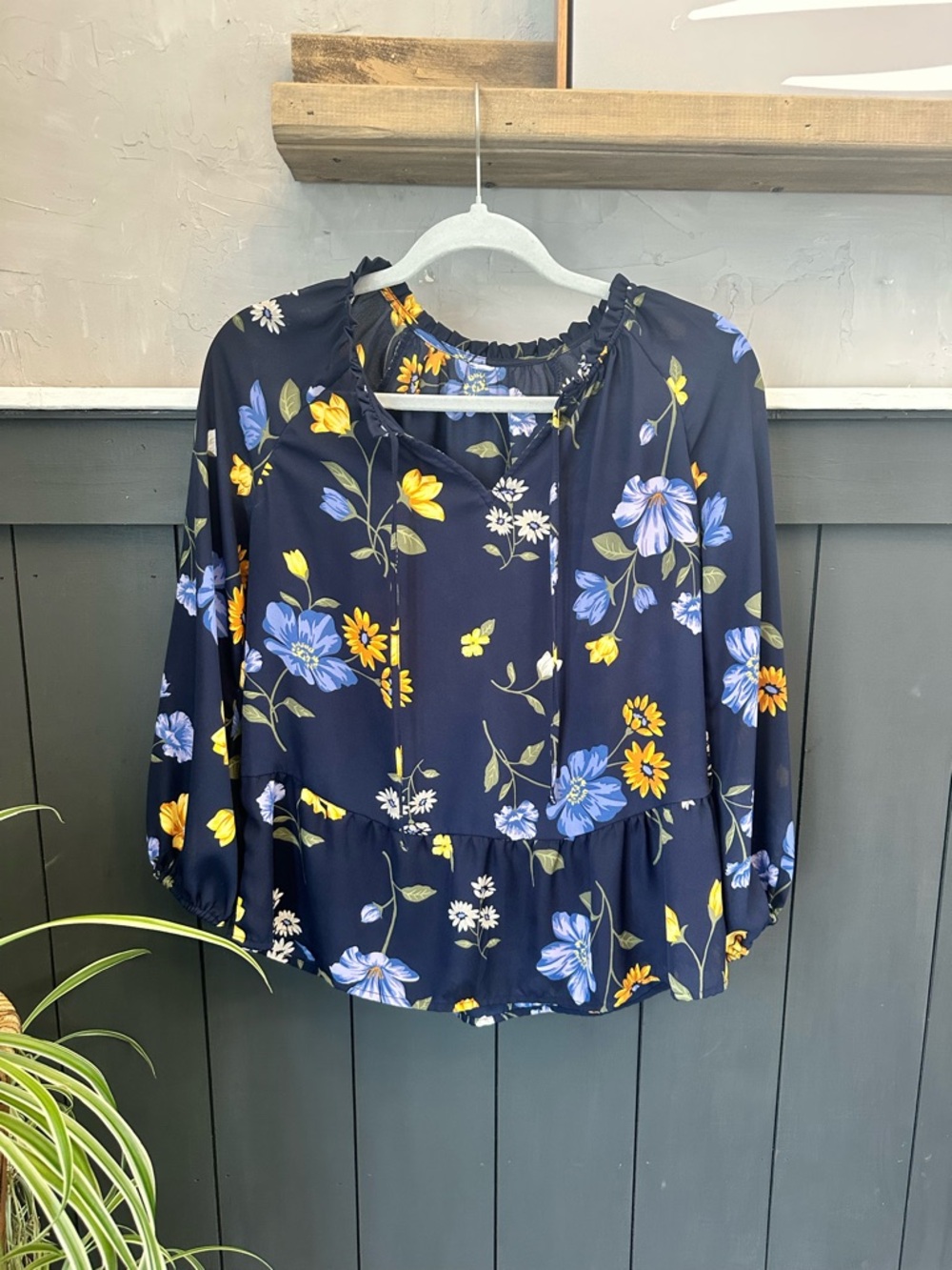 Old Navy Navy Floral Peasant Blouse with Blue and Yellow Flowers